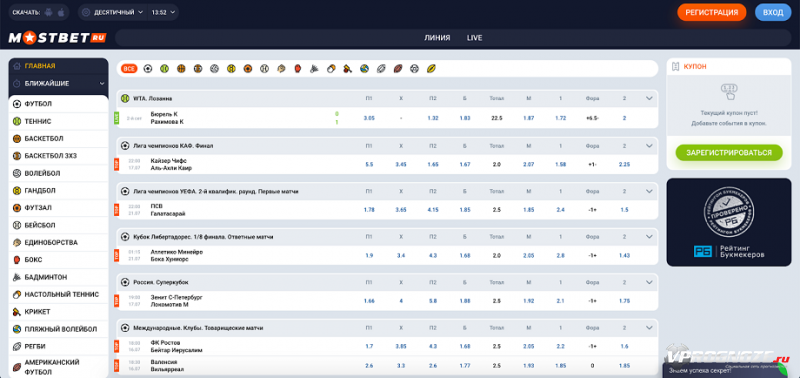 Выбор ставок на сайте букмекера Мостбет