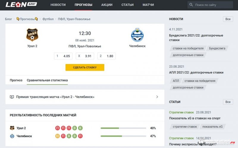 Прогноз аналитиков букмекера на игру ПФЛ «Урал-2» – «Челябинск» на сайте БК Леон