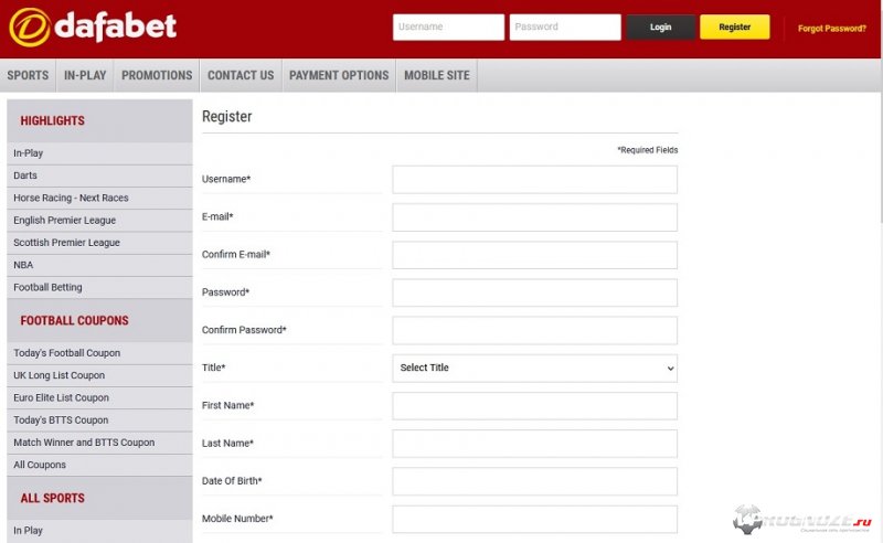 Форма регистрации на портале БК «Дафабет»