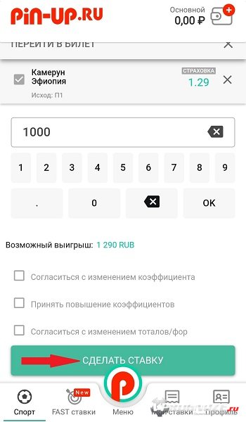 Кнопка Сделать ставку в БК Пинап