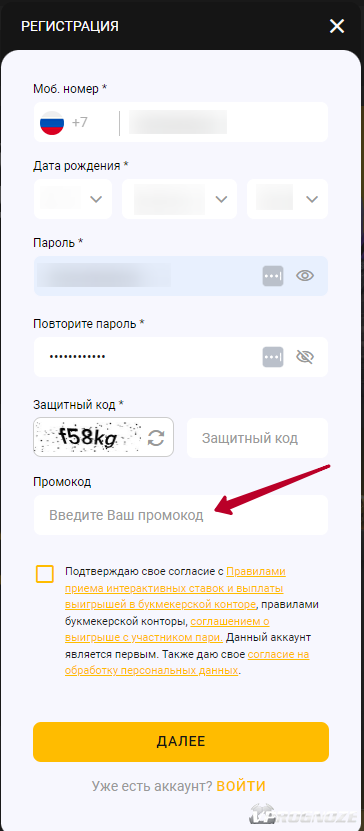 Поле для ввода промокода в регистрационной форме