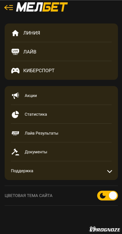 Разделы меню на мобильной версии букмекерской конторы «Мелбет»