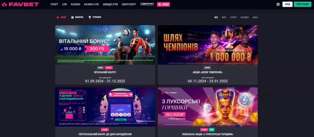 Раздел с бонусами, акциями и промокодами в букмекерской конторе Фавбет