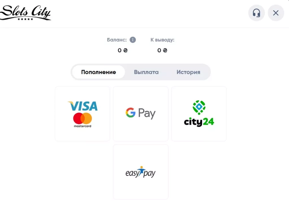 Список платежных методов для внесения средств