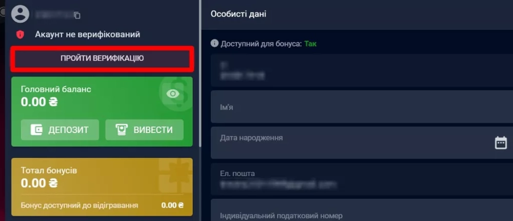 Кнопка для начала идентификации в личном кабинете клиента Вбет