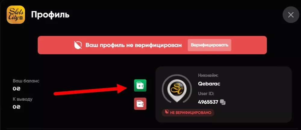 Кнопка для перехода к пополнению баланса.