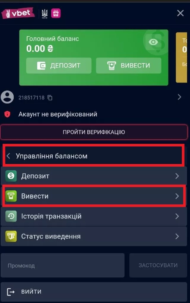 Кнопка для перехода к выбору платежных средств в разделе «Управління балансом»