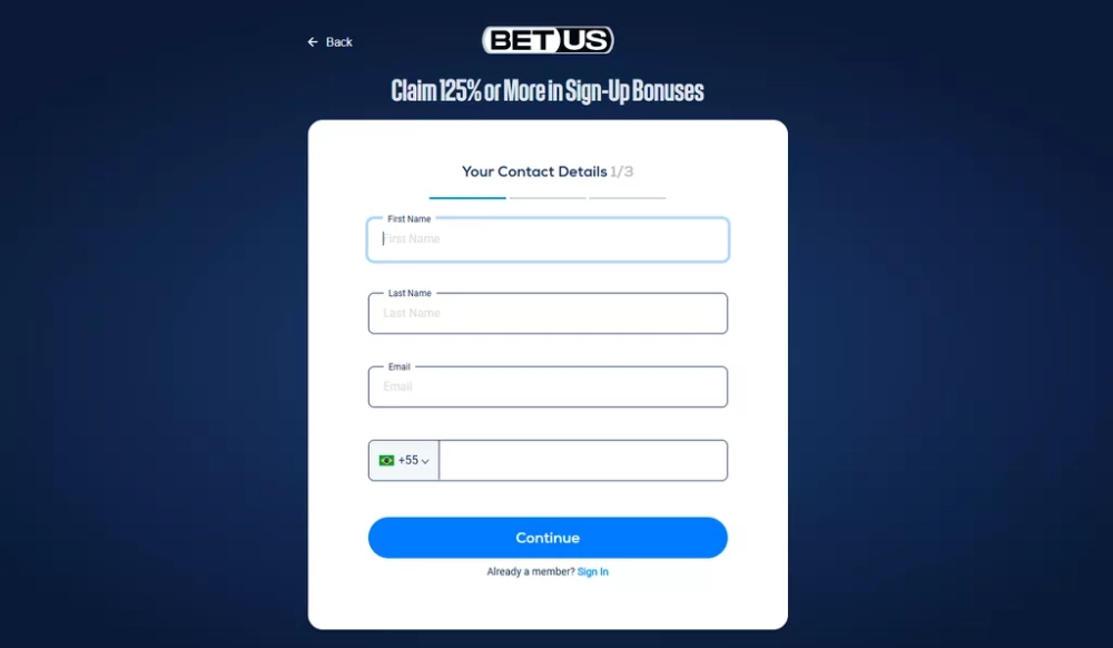 Регистрационная форма сайта BetUS