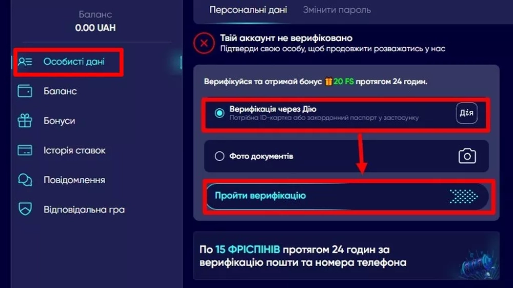 Выбор способа идентификации в разделе «Особисті дані»