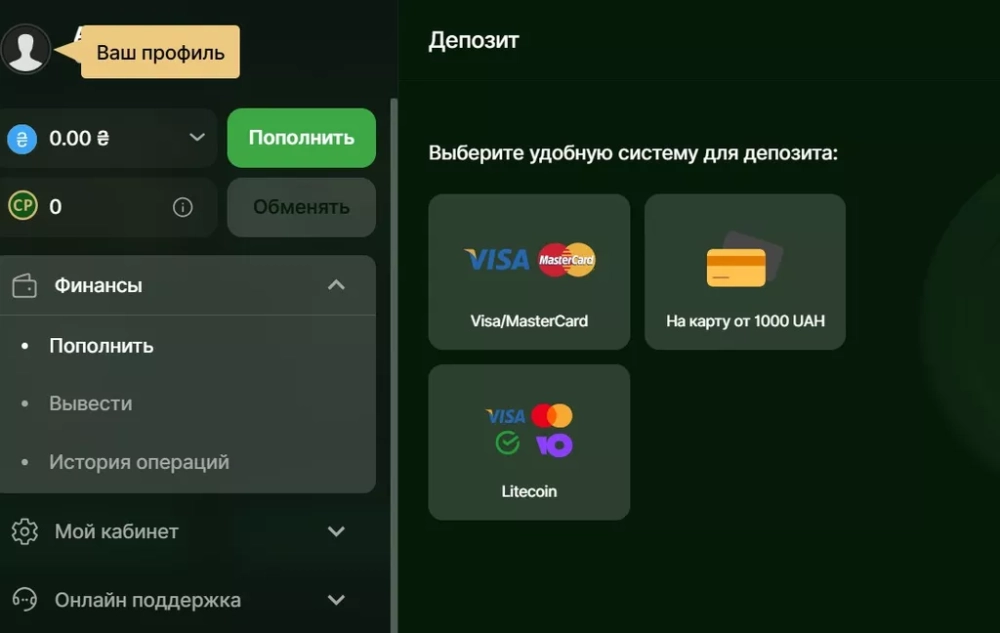 Пополнение счета в БК Риобет